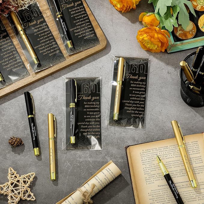 30 Set 60th Birthday Party Favor for Guest Anniversary Party Favor with Black and Gold Ballpoint Pens and Thank You Cards for Women Men Birthday Anniversary Appreciation Gifts