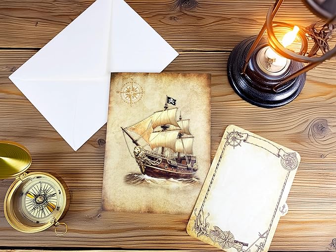 3D Pop Up Greeting Card – Handmade Pirate Ship Card with Treasure Map – Sailing Boat with Skull Flag – Birthday, Adventure Party, Nautical & Retirement Gift