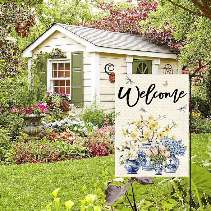 AVOIN colorlife Spring Summer Floral Welcome Garden Flag 12x18 Inch Double Sided Outside, Blue and White Chinoiserie Seasonal Yard Outdoor Flag