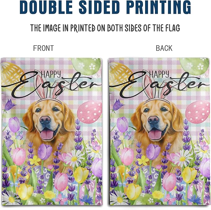 Happy Easter Dog Garden Flag Golden Retriever Spring Flags Buffalo Plaid Bunny Eggs Yard Flag for Outside 12x18 Double Sided Small Decorative Floral Outdoor Flag