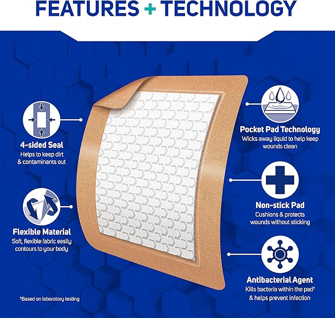 Care Science Fabric Adhesive Pad Bandages, 3x4 inches Extra Large Flexible Non-Stick Strip, Helps Prevent Infection, Breathable Protection, for First Aid & Wound Care, 30 Count