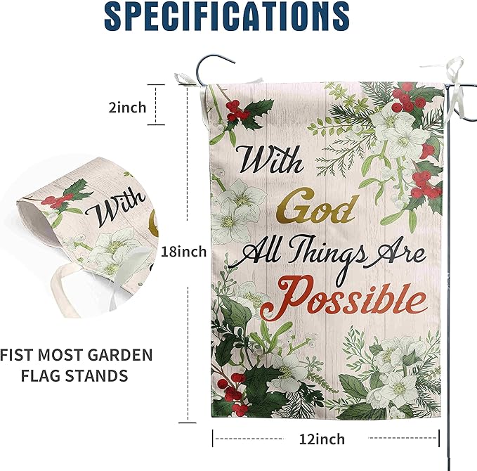Christian Garden Flag Religious with God All Things are Possible Winter Garden Flags for Outside 12x18 Double Sided Poinsettia Christmas Decorations