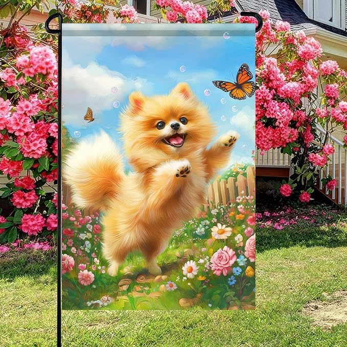 BlissYard Welcome Garden Flag Spring Summer Dog Garden Flag 12x18 Inch Double Sided Flags Pomeranian Puppy Butterfly Floral Outdoor Yard Lawn Porch Patio Decor Banner