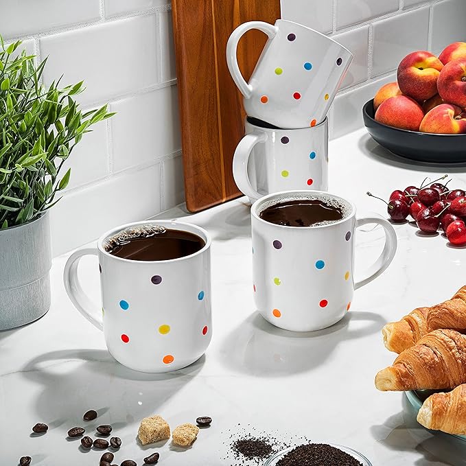 Francois et Mimi, Set of 6 Large 16 Ounce Ceramic Coffee Mugs (White Polka Dot)