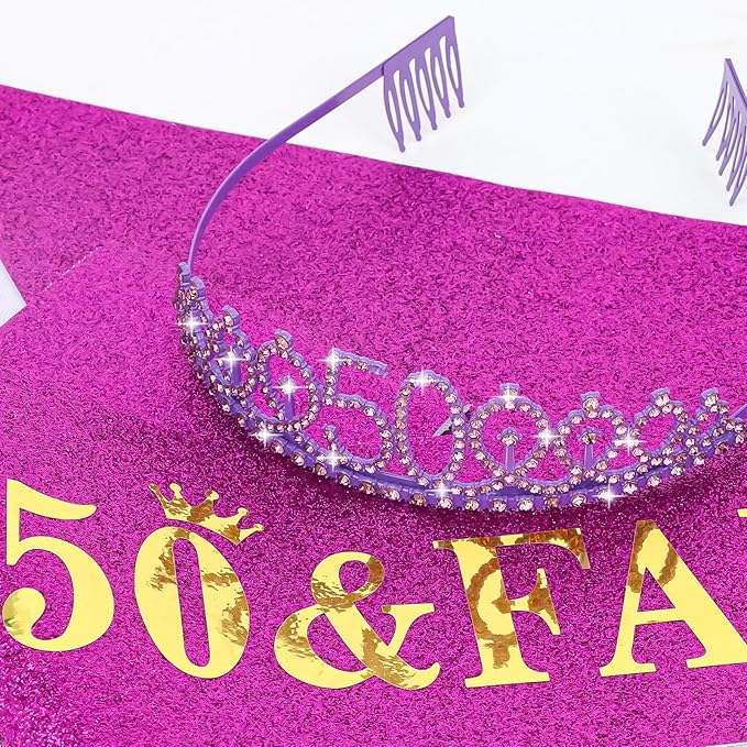 Casoty 50th Birthday Sash and Tiara, 50th Birthday Party Decorations Supplies for Women, Crown and Sash Set, Gifts for Her