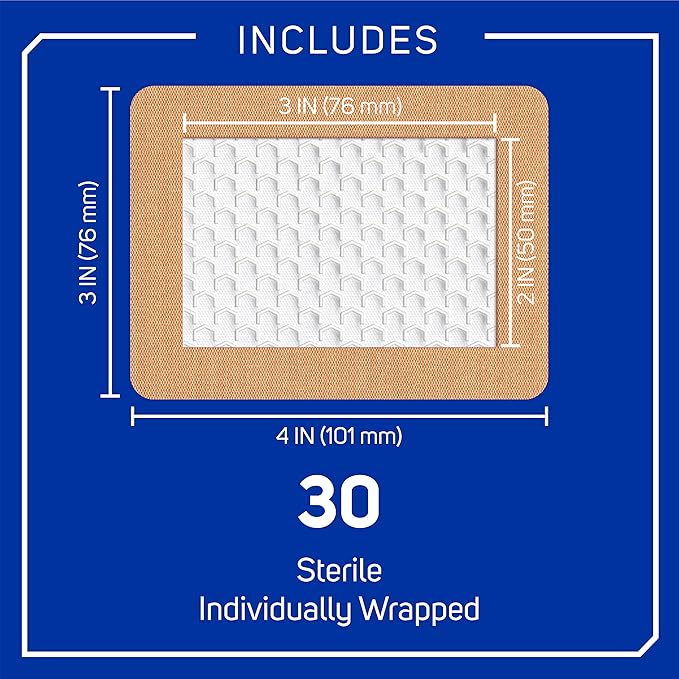 Care Science Fabric Adhesive Pad Bandages, 3x4 inches Extra Large Flexible Non-Stick Strip, Helps Prevent Infection, Breathable Protection, for First Aid & Wound Care, 30 Count