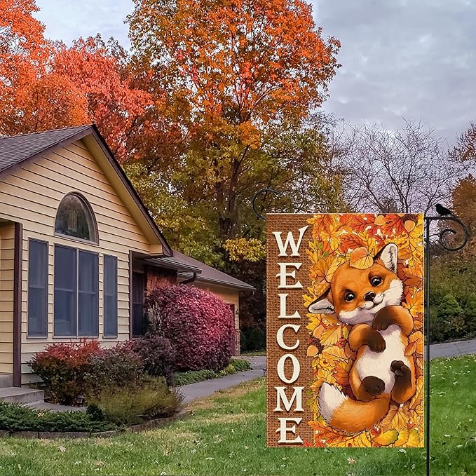 ZAEW Fall Welcome Cute Little Fox Maple Leaves Autumn Garden Flag Yard Flag 12x18 Inch Double Sided Small Mini Yard Outdoor Outside Farmhouse Holiday Decoration