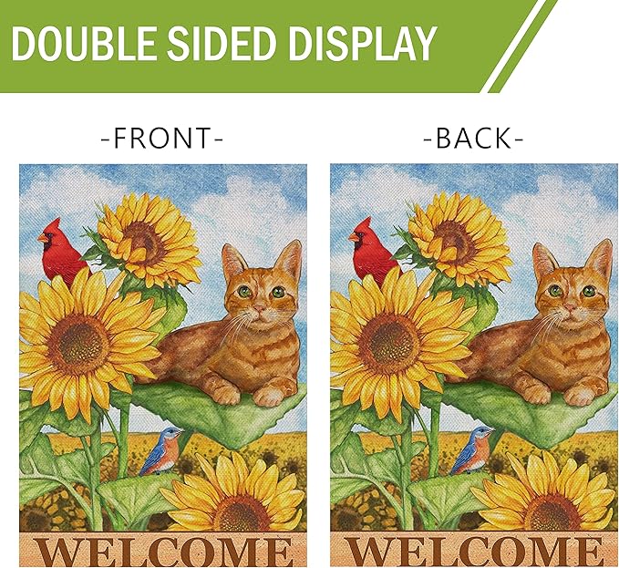 Furiaz Cat Cardinal Sunflower Welcome Spring Summer Decorative Small Garden Flag, Yard Orange Kitty Tabby Red Bird Outside Decoration, Fall Autumn Outdoor Burlap Decor Double Sided 12 x 18
