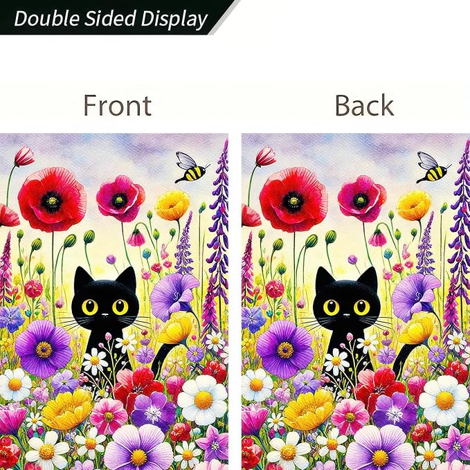 BlissYard Spring Black Cat Garden Flag Funny Floral Cat Garden Flag 12×18 Inch Double Sided Welcome Yard Flag Spring Seasonal Outdoor Colorful Floral Farmhouse Holiday Outside Decorations