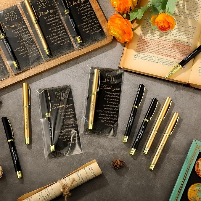 50 Set 50th Birthday Party Favor for Guest Anniversary Party Favor with Black and Gold Ballpoint Pens and Thank You Cards for Women Men Birthday Anniversary Appreciation Gifts