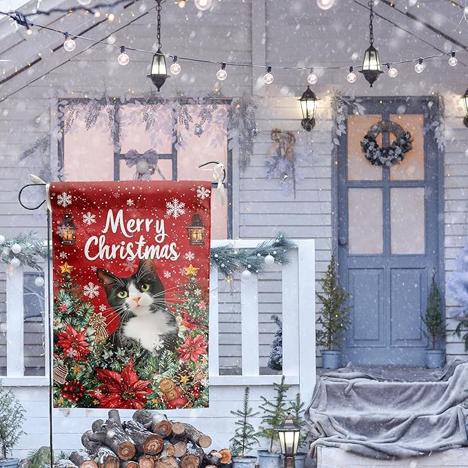 Christmas Cat Garden Flag Merry Christmas Tuxedo Cat Yard Flag for Outside Xmas Flags 12x18 Double Sided Red Poinsettia Garden Flags Winter Porch Outdoor Decor