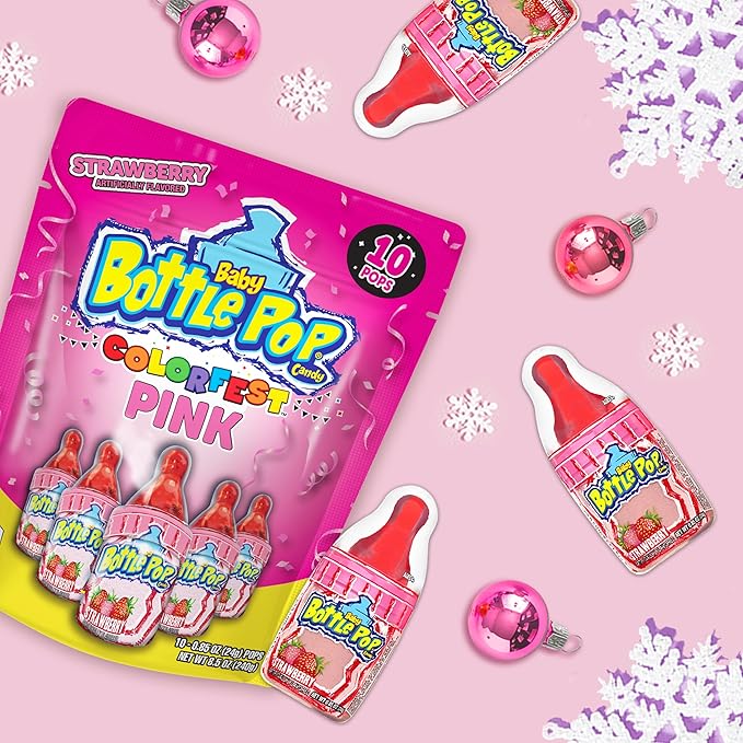 Baby Bottle Pop Candy Pink Lollipops, 10 Ct Bulk Lollipops with Dipping Powder in Pink Strawberry Flavor, Full Size, Individually Wrapped Christmas Candy for Party Favors, Gender Reveal, Baby Showers