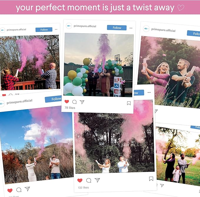 PrimePure Gender Reveal Confetti Cannon - Biodegradable Powder Cannons Smoke Bomb - Pink, 2 Pack - Party Poppers Baby Pink Confetti Popper for Baby Girl Gender Reveal