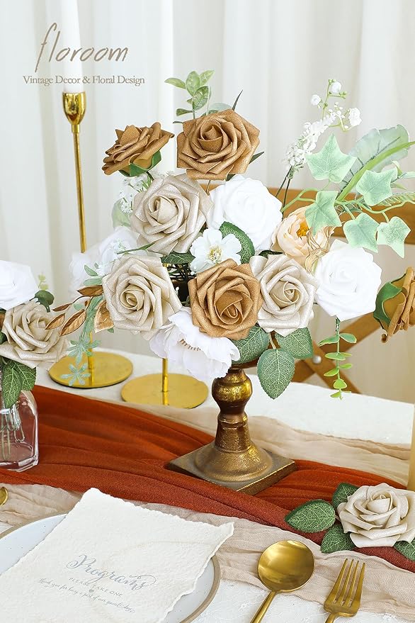 Floroom Artificial Flowers 25pcs Real Looking Gold & Champagne Gold Foam Fake Roses with Stems for DIY Wedding Bouquets Bridal Shower Centerpieces Floral Arrangements Party Tables Home Decorations