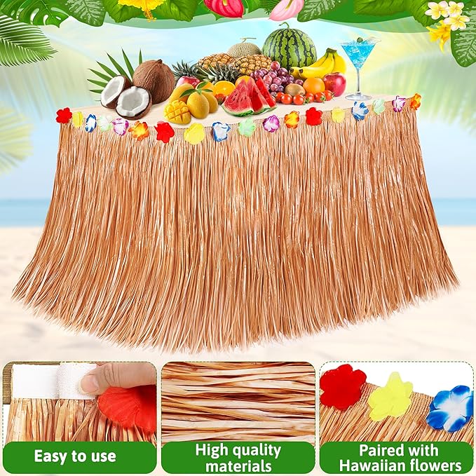 Luau Party Decorations, 1PCS Yellow Hawaiian Table Skirt Party Decorations, Flower 108 X 29.5" Grass Table Skirts Luau Party Favors, Luau Table Skirt for Summer Tropical Hula Parties Decor Accessories