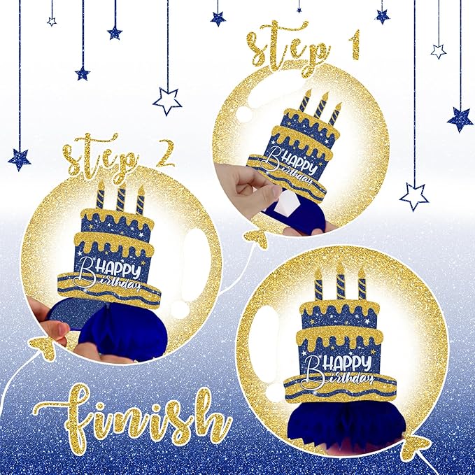 Blue and Gold Birthday Decorations – 12Pcs Honeycomb Table Centerpieces, Elegant Party Table Toppers for Adults, Stylish Blue Gold Birthday Decor