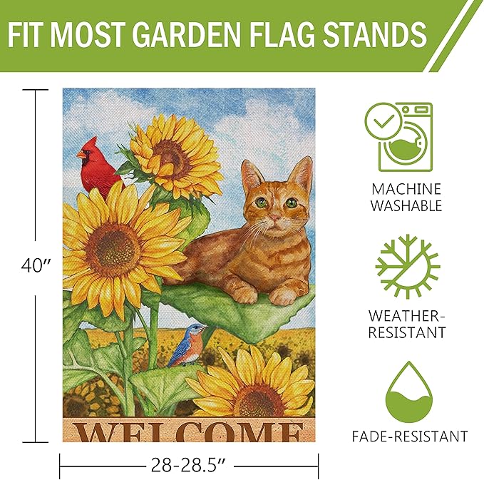 Furiaz Cat Cardinal Sunflower Welcome Spring Summer Decorative Large House Flag, Kitty Garden Yard Red Bird Outside Decoration, Fall Autumn Farmhouse Outdoor Burlap Decor Double Sided 28 x 40