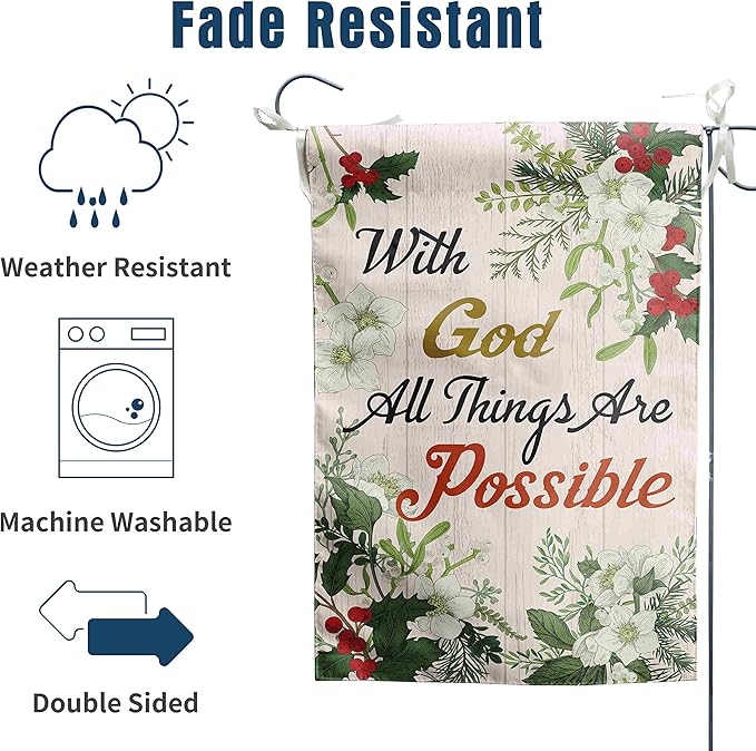 Christian Garden Flag Religious with God All Things are Possible Winter Garden Flags for Outside 12x18 Double Sided Poinsettia Christmas Decorations