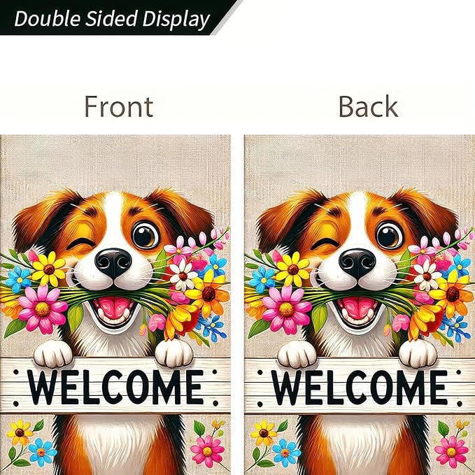 BlissYard Welcome Spring Summer Garden Flag 12x18 Inch Double Sided Welcome Happy Cute Puppy Dog Outdoor Garden Flag Flower House Seasonal Yard Outside House Decoration