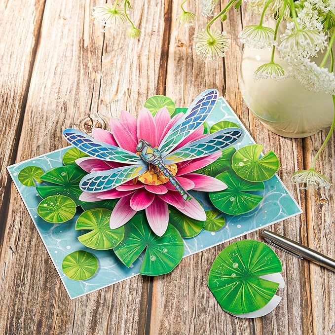 Dragonfly Pop Up Cards, Water Lily, Leaf, 3D Greeting Cards, Gift for Birthday, Mothers Day, Valentines Day, Mom, Wife, Girlfriend, Sister, Daughter, 5x7 - Includes Envelope And Message Note