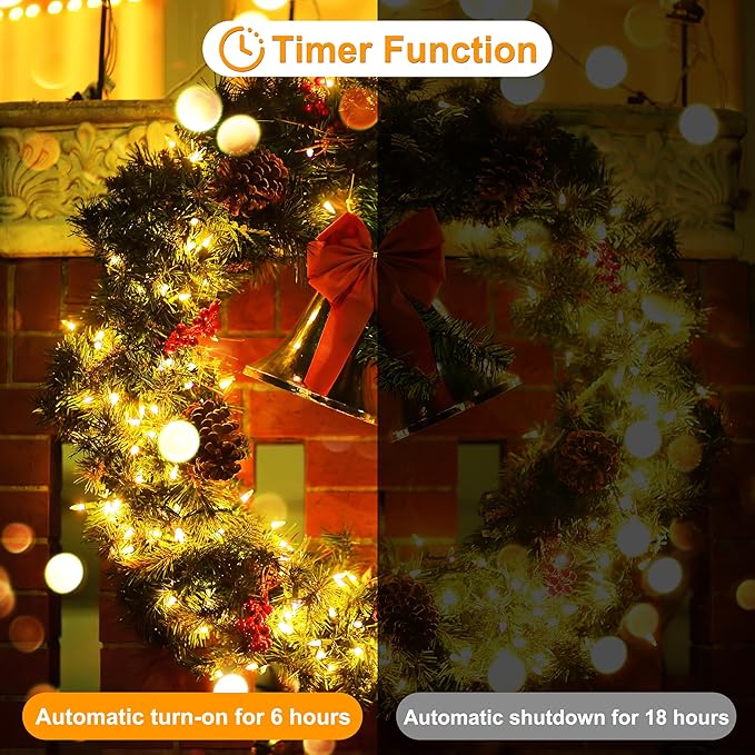 AMMAKER Christmas Light, 100 LED Battery Operated Christmas Lights with Timer for Indoor Outdoor Wreath Wedding Party Garden Home Decor, Waterproof, Warm White 39.5FT