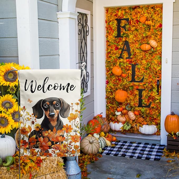 Floral Dachshund Garden Flag Fall Yard Flag Wildflower Dog Garden Flags Orange Autumn Lawn Flags Welcome Thanksgiving Outdoor Flags for Outside 12x18 Double Sided Small