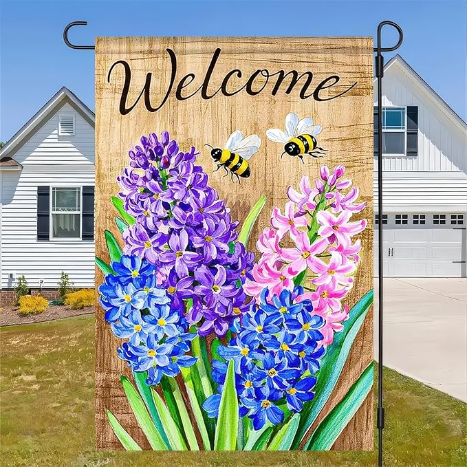 BlissYard Welcome Garden Flag 12x18 Inches Double Sided Small Flags with Hyacinths and Bees Design for Spring Summer Garden Flags Decoration Outside Outdoor Holiday Seasonal Decor Yard Flags