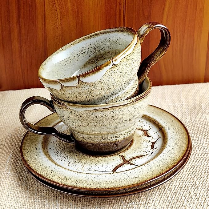 Latte Art Coffee Cup Set of 2 with Saucers - 8.5oz Ceramic Mugs for Cappuccino, Espresso & Tea - Microwave & Dishwasher Safe - Perfect Holiday Gift for Father's Day, Birthday, Housewarming