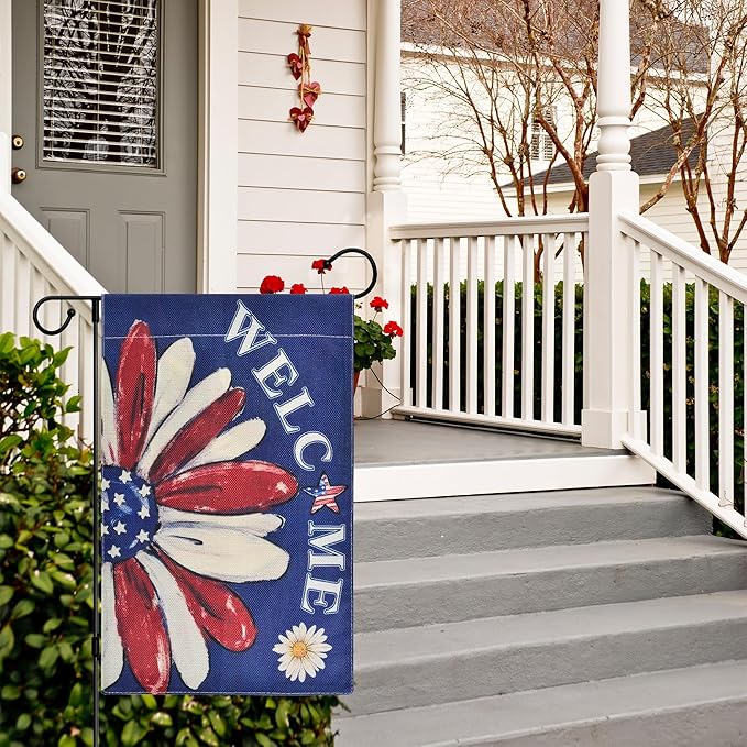 Kevinste 12x18 Inch Double-Sided Welcome Garden Flags for Outdoor Decor, Vivid Color Welcome Daisy, Weather-Resistant Linen, for Front Porch, Yard, or Patio (Blue)