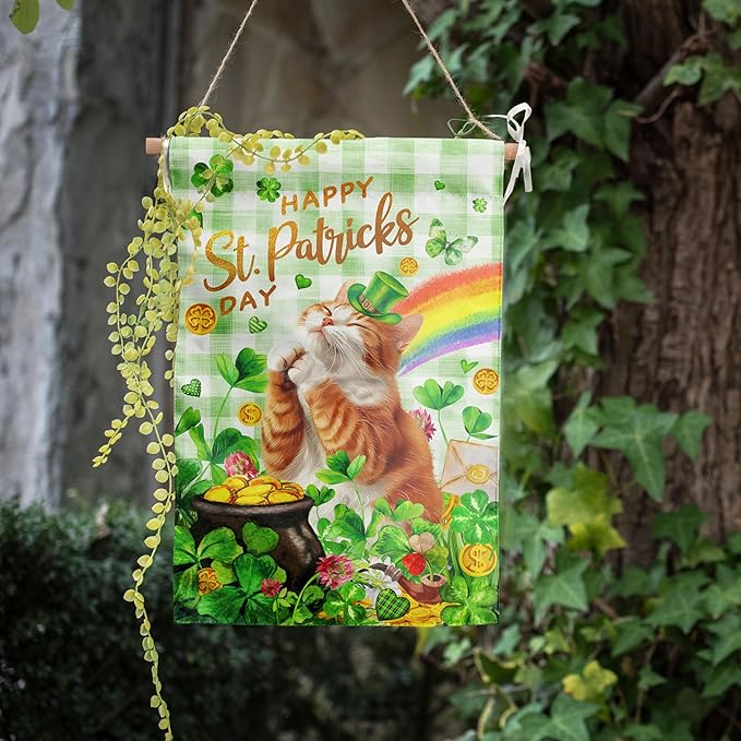 Orange Cat St Patricks Day Garden Flag Cat St Patrick's Day Yard Flags for Outside 12x18 Double Sided Buffalo Plaid Shamrock Flag Small Outdoor Rainbow St Patrick's Decor