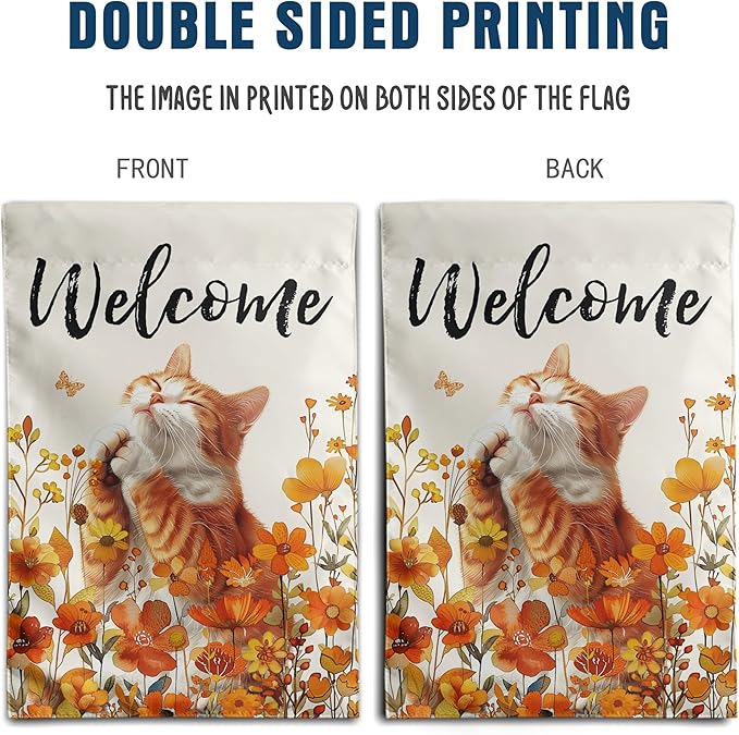 DZGlobal Floral Cat Garden Flag Fall Yard Flag Wildflower Orange Cat Garden Flags for Outside Autumn Lawn Flags Welcome Thanksgiving Outdoor Flags 12x18 Double Sided Small