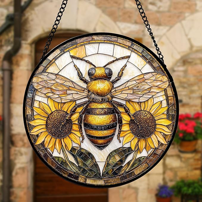 Stained Glass Window Hanging - Bee Sunflower Yellow Suncatcher Ready to Hang Window Doors Home Decoration and Christmas, Mother's Day Birthday Gifts for Women, Men, and Mom 9.8x9.8 in