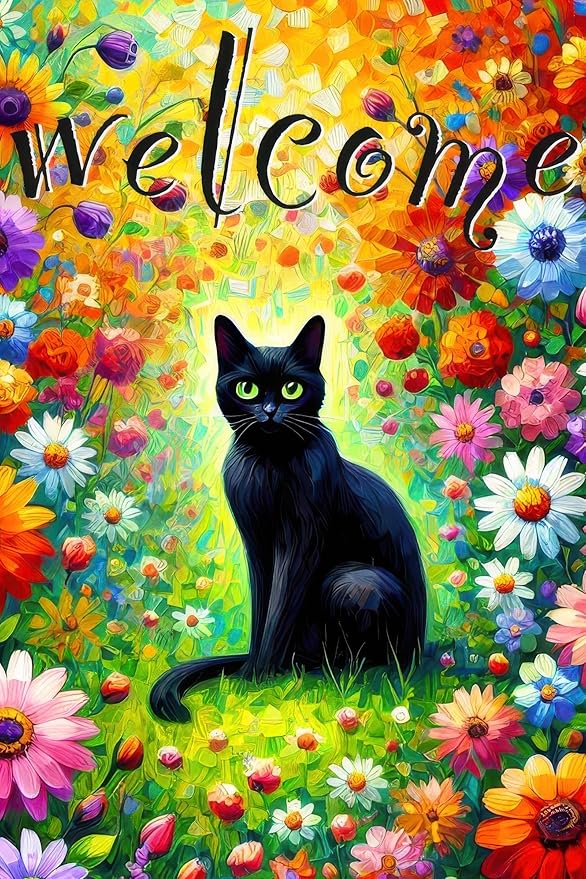 BlissYard Welcome Spring Cat Garden Flag Double Sided 12x18 Inch Black Cats Garden Flags Funny Floral Tulip Cat Flag Vertical Farmhouse Welcome Spring Seasonal Outdoor Porch Decor