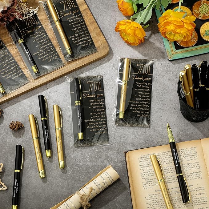 50 Set 70th Birthday Party Favor for Guest Anniversary Party Favor with Black and Gold Ballpoint Pens and Thank You Cards for Women Men Birthday Anniversary Appreciation Gifts