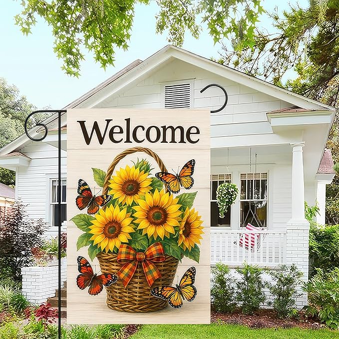 BlissYard Thanksgiving Fall Garden Flag 12x18 Inch Welcome Sunflower Flag Double Sided Outdoor Autumn Yard Banner Basket Butterflies for Porch Lawn Patio Seasonal Decor