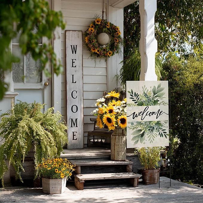 Garden Flags, Welcome Garden Flag, Bee Sunflower Flag Double-Sided Flags for Farmhouse Yard Outdoor-12 x 18inch (WELCOME)