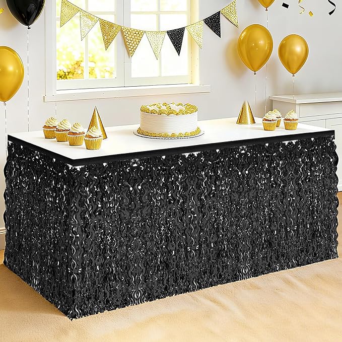 Halloween Table Skirt Decor, 2 Pack Black Foil Grass Desk Skirt, Metallic Wavy Tinsel Foil Fringe Table Skirts, Table Skirts for Graduations Halloween New Years Parade Party Decorations