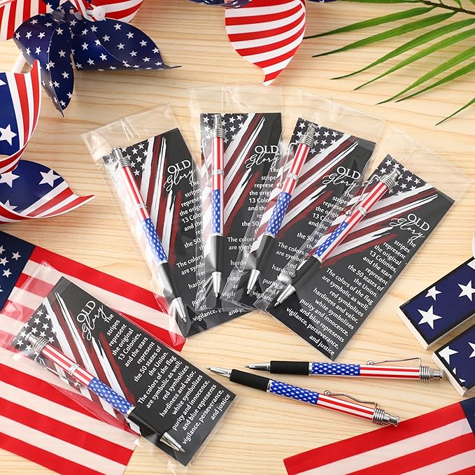 300 Sets American Flag Ballpoint Pens Bulk USA Patriotic Themed Black Ink Retractable Pen Stars Stripes Bookmarks Stationery Easter Party Gifts for Home Office Army Veterans Souvenirs