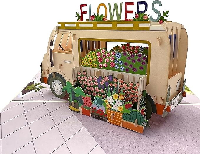 Pop Up Greeting Card Blooming Flower Van Adventure Floral Vehicle Nature Lover Classic Spring Theme Unique Gift for Any Occasion
