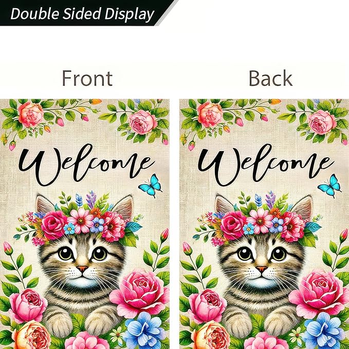 Spring Summer Garden Flag 12x18 Double Sided Floral Crown Cat Garden Flag for Outside Small Burlap Welcome Yard Flag Farmhouse Outdoor Decorative Flag