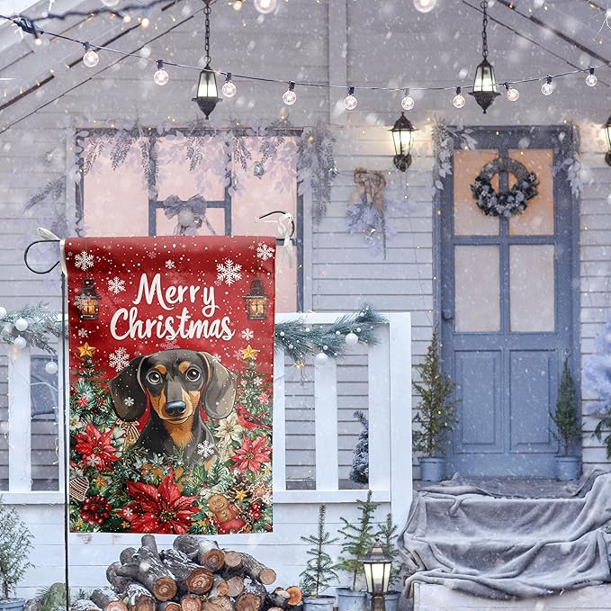Christmas Dachshund Garden Flag Merry Christmas Dog Yard Flag for Outside Xmas Flags 12x18 Double Sided Red Poinsettia Garden Flags Winter Porch Decorations Outdoor