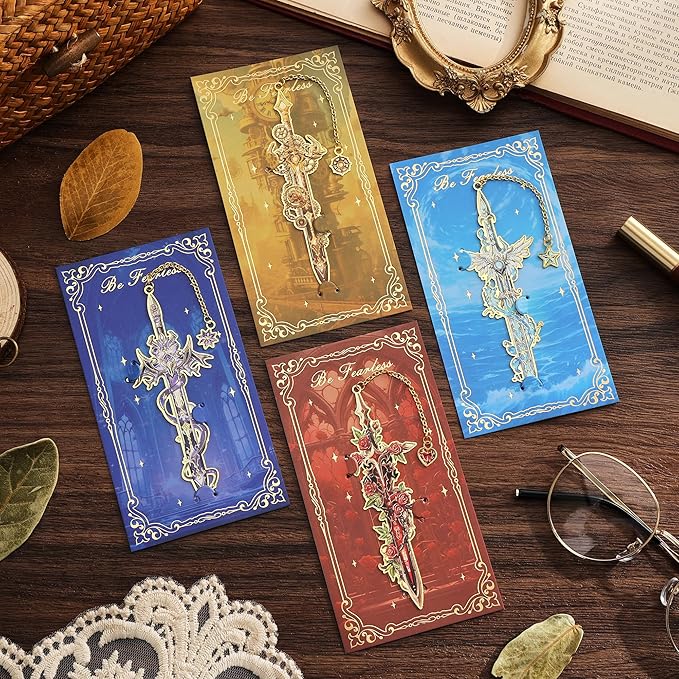 4Pcs Fantasy Sword Bookmarks for Books Journals Planners, Cool Forth Wing Metal Book Marker for Reading Women Men, Unique Book Marks Gifts for Book Lovers, Reading Accessories for Students Adults Kids