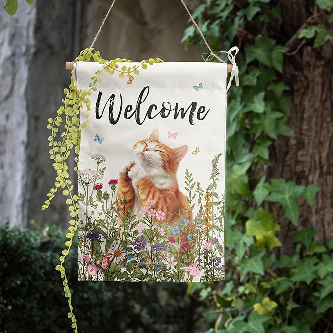 Spring Cat Garden Flags for Outside Summer Flower Garden Flag Floral Orange Cat Flag Welcome Yard Flags 12x18 Double Sided Mini Farmhouse Outdoor Decorative Flag