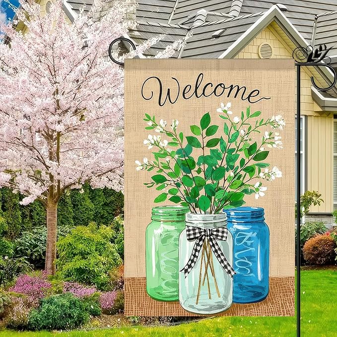 BlissYard Welcome Spring Garden Flag 12x18 Double Sided Mason Jars Floral Seasonal Small Flags For Outside Outdoor Decor Yard Farmhouse Holiday Spring Summer Decorations Yard Flags