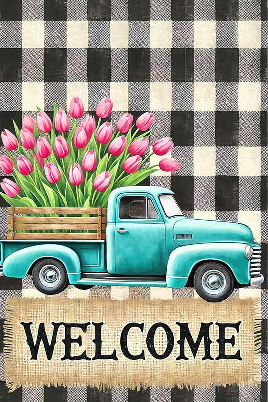 BlissYard Spring Garden Flag Spring Yard Flag Teal Truck with Tulips and Buffalo Plaid Backdrop Design Springs Garden Flags for Outside Double-Sided 12x18 Inches Welcome Yard Flags for Outdoor Decor