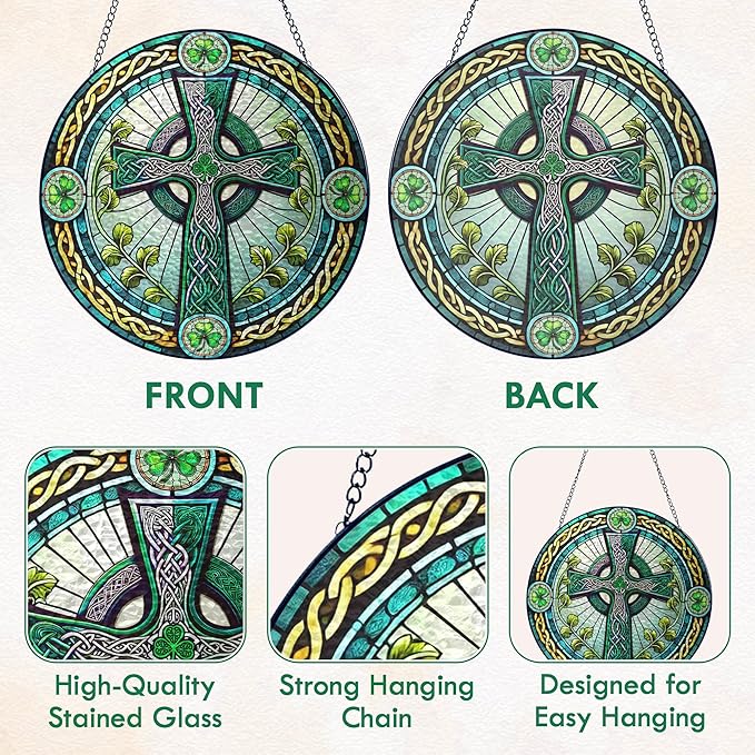 FLAGWIX Irish Gifts for Women Men - Stained Glass Hanging Suncatcher 10 in - Birthday Irish Decorations for Family Friends, Celtic Cross Spring Home Decor, St Patricks Day Decorations