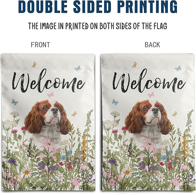 Spring Summer Garden Flag Floral Cavalier King Charles Spaniel Yard Flag Flower Dog Garden Flags for Outside Small Outdoor Welcome Flags 12x18 Double Sided