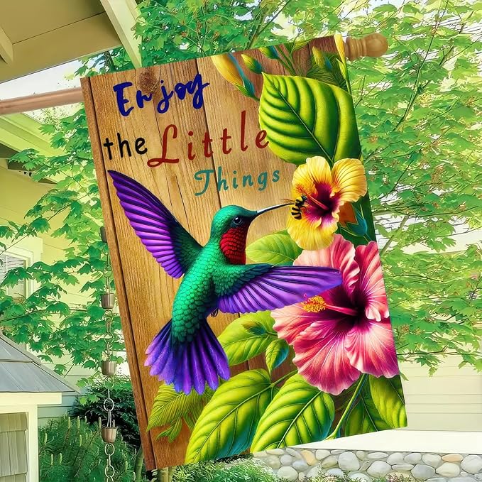 BlissYard Springtime Hummingbirds Spring Garden Flag Double Sided 12 x 18 Inch Enjoy The Little Things Floral Flower Small Decorative Garden Flag Spring Summer Hummingbird Bee Yard Lawn Outside Decor
