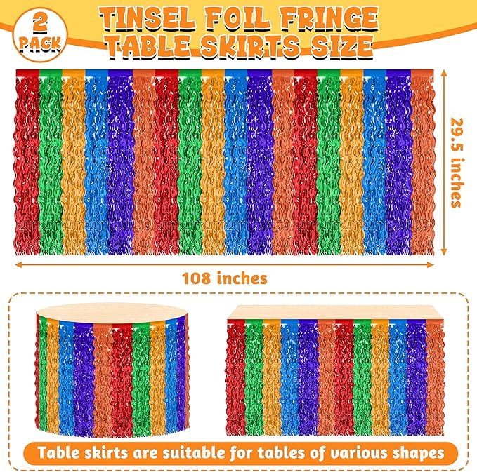 Cinco De Mayo Table Decorations, 2 Pack Fiesta Desk Skirts Supplies, Mexican Theme Metallic Wavy Tinsel Foil Fringe Table Skirts, Rainbow Skirts for Dia De Los Muertos Day Mexico Day of The Dead Decor