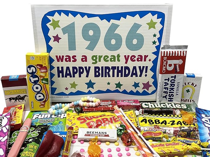 RETRO CANDY YUM ~ 1966 60th Birthday Gift Box Nostalgic Candy Assortment from Childhood for 60 Year Old Man or Woman Born 1966